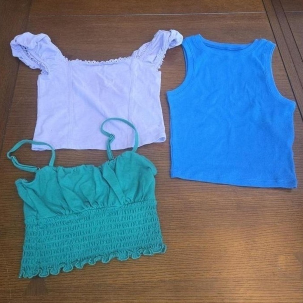 Lot of 3 Womens Crop Tops Lilac Lace Blue Ribbed Teal Smocked Tank Cami Bundle